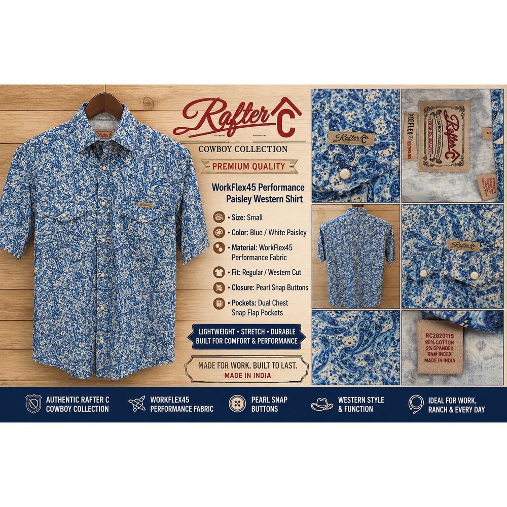 Rafter C Cowboy Collection Mens Small Blue‎ Paisley ProFlex45 Western Snap Shirt
